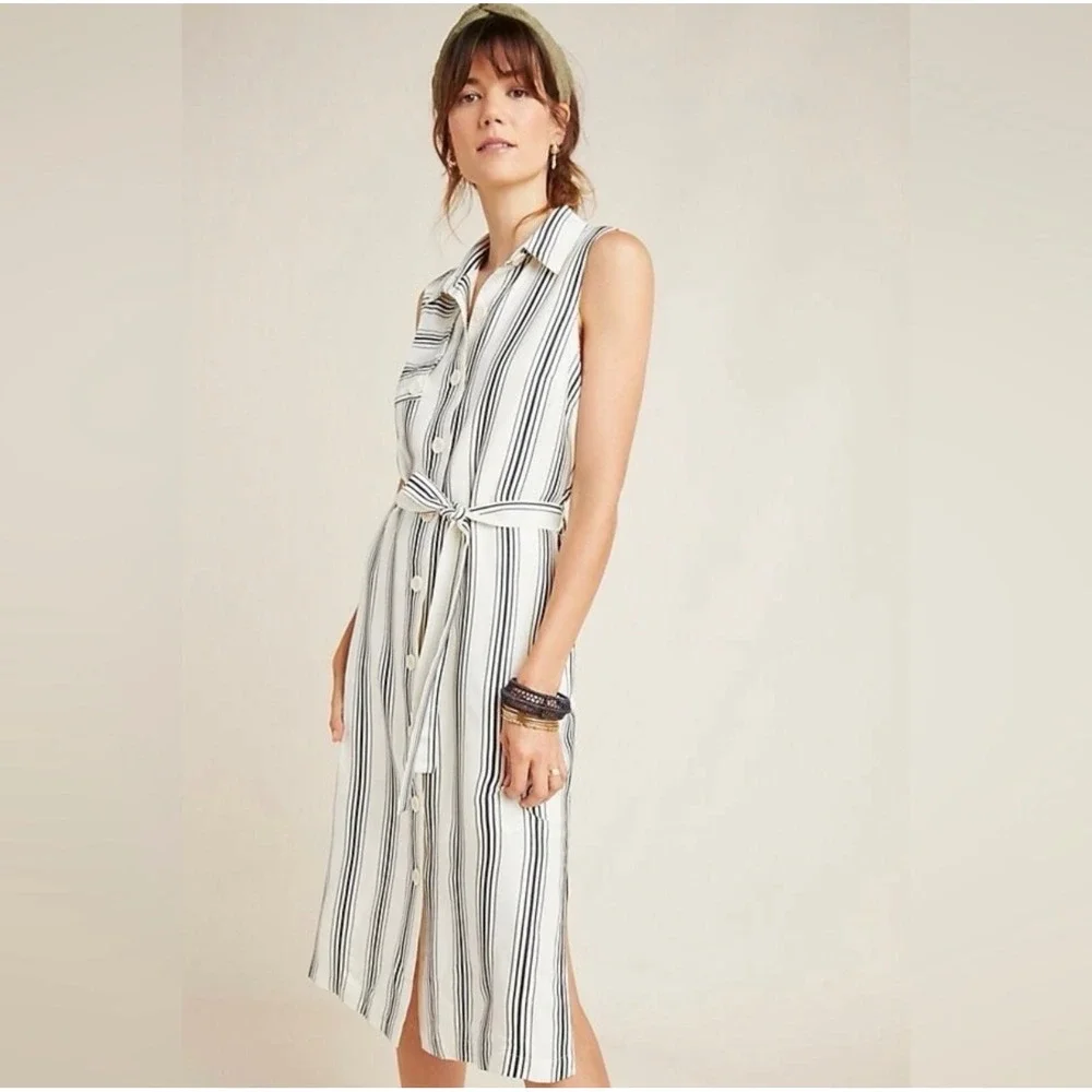 Maeve Sleeveless Button-Front Midi Dress in White with Navy Stripes